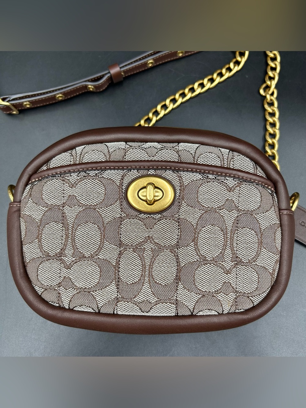 COACH Signature Quilted Jacquard Mini Camera Bag Brown Chain Crossbody C3226